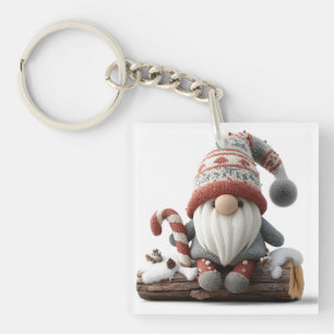 Cute Christmas Gnome with a Candy Cane on a Log Keychain