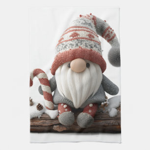 Cute Christmas Gnome with a Candy Cane on a Log Kitchen Towel