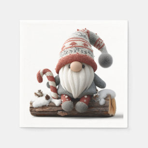 Cute Christmas Gnome with a Candy Cane on a Log Napkin
