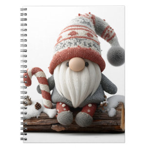Cute Christmas Gnome with a Candy Cane on a Log Notebook
