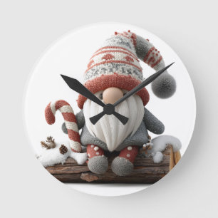Cute Christmas Gnome with a Candy Cane on a Log Round Clock