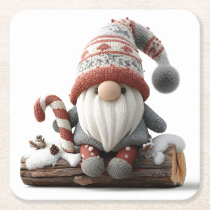 Cute Christmas Gnome with a Candy Cane on a Log Square Paper Coaster