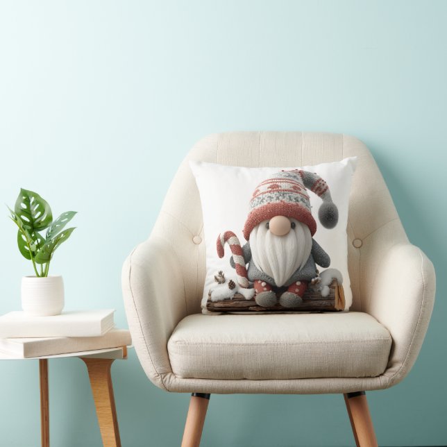 Cute Christmas Gnome with a Candy Cane on a Log Throw Pillow (Chair)