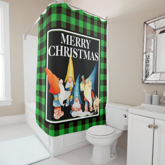 Cute Christmas Gnomes Blue & Black Buffalo Plaid (In Situ)