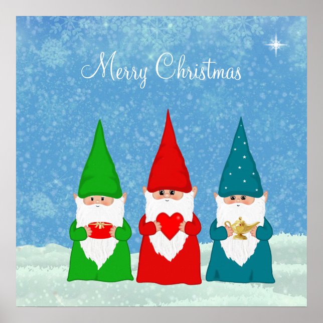 Cute Christmas Gnomes Dressed in Blue Red &  Green Poster (Front)