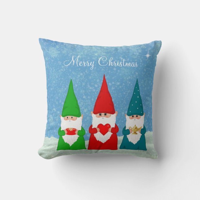 Cute Christmas Gnomes Dressed in Blue Red &  Green Throw Pillow (Front)