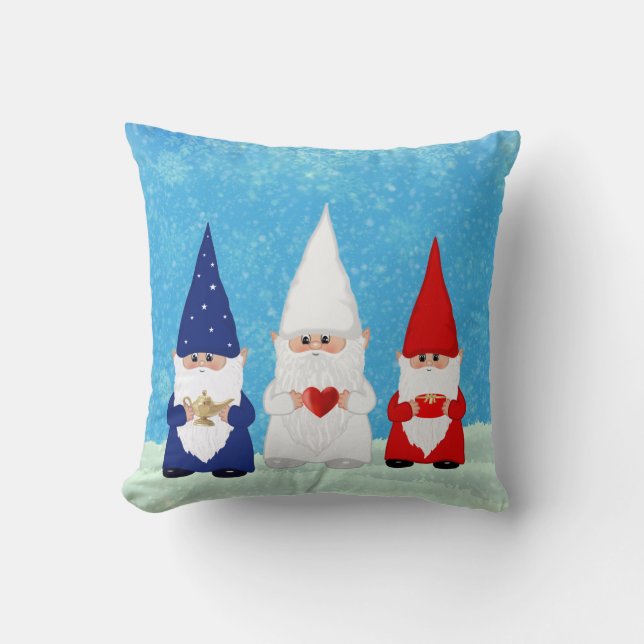 Cute Christmas Gnomes Dressed in Blue Red & White Throw Pillow (Front)