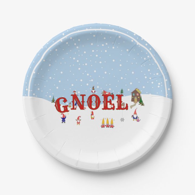 Cute Christmas Gnomes in Snow NOEL Holiday Party Paper Plate (Front)