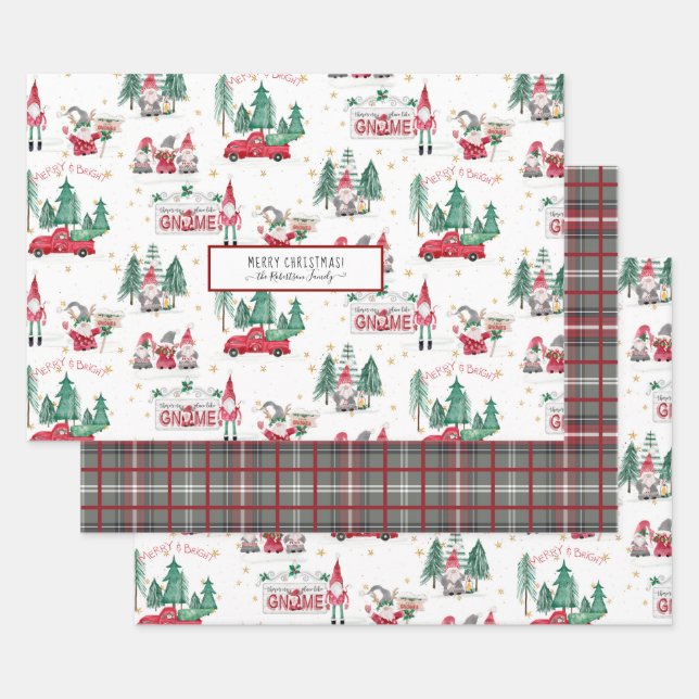 Cute Christmas Gnomes Merry n Bright Forest Truck  Wrapping Paper Sheet (Set)