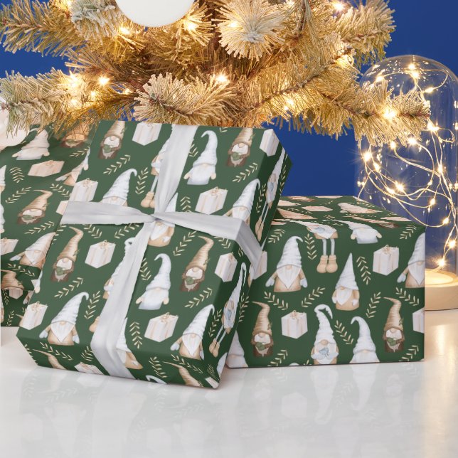 Cute Christmas Gnomes on Green Wrapping Paper (Holidays)