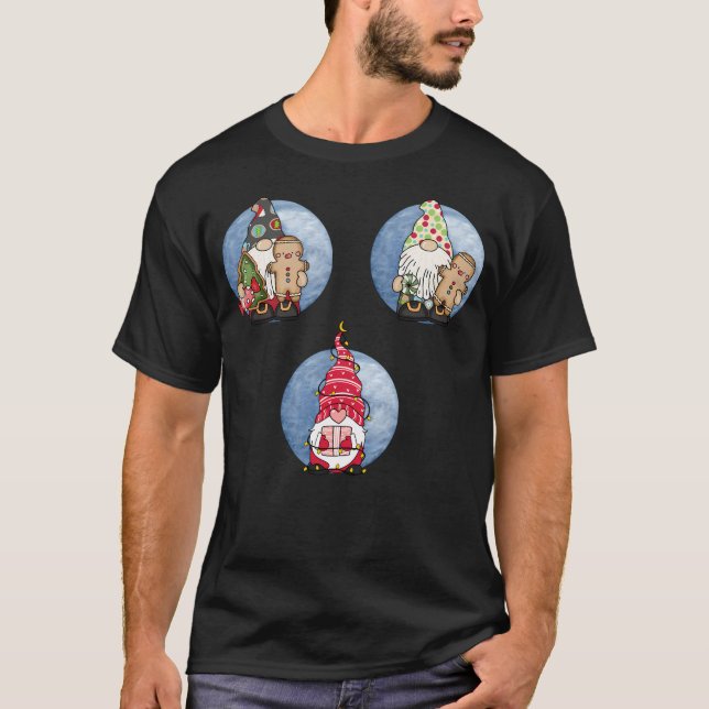 Cute Christmas Gnomes Version 1 Blue Background T-Shirt (Front)