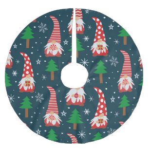 Cute Christmas Gnomes with Pine Tree and Snowflake Brushed Polyester Tree Skirt