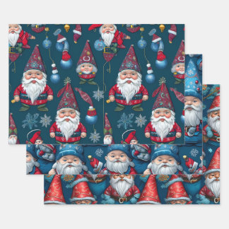 Cute Christmas Gnomes Wrapping Paper 3xFlat Sheet