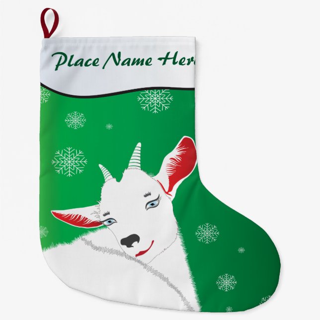 Cute Christmas Goat Green YOUR NAME HERE Large Christmas Stocking (Front)