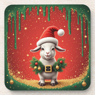 Cute Christmas Goat in Santa Hat Festive Design Coaster