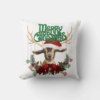 Cute Christmas Goat with Antlers and Wreath Throw Pillow