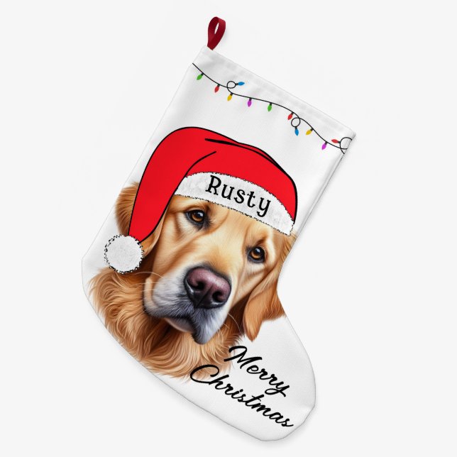 Cute Christmas Golden Retriever Large Christmas Stocking (Front (Hanging))