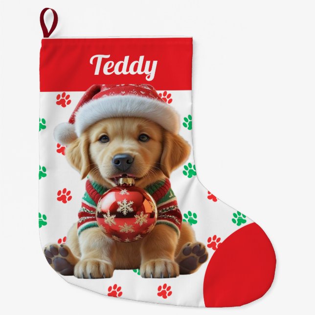 Cute Christmas Golden Retriever Puppy Personalized Large Christmas Stocking (Front)