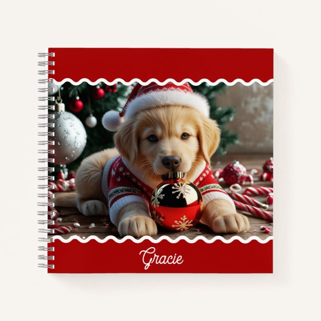 Cute Christmas Golden Retriever Puppy Personalized Notebook (Front)