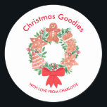 Cute Christmas Goodies Wreath Name Classic Round Sticker<br><div class="desc">These cute and charming stickers will be perfect for your homemade festive gifts.
They are printed with a watercolor of a festive wreath decorated with Christmas cookies.
Customize these stickers with your name and title.
There are many more versions of this product in my store.
Enjoy the festive fun!</div>