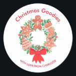 Cute Christmas Goodies Wreath Name Classic Round Sticker<br><div class="desc">These cute and charming stickers will be perfect for your homemade festive gifts.
They are printed with a watercolor of a festive wreath decorated with Christmas cookies.
Customize these stickers with your name and title.
There are many more versions of this product in my store.
Enjoy the festive fun!</div>