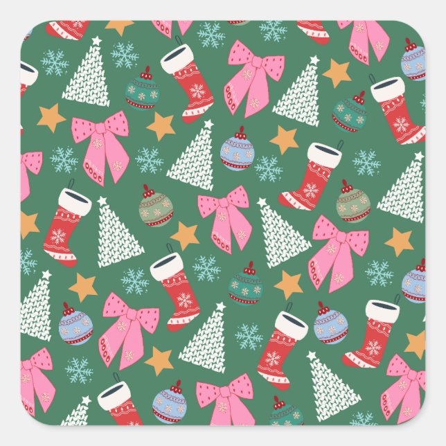 Cute Christmas Green Square Sticker (Front)