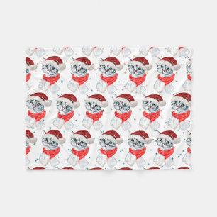 Cute Christmas Grey Tabby Cat Watercolor Fleece Blanket