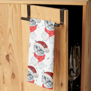 Cute Christmas Grey Tabby Cat Watercolor Kitchen Towel