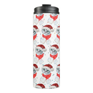 Cute Christmas Grey Tabby Cat Watercolor Thermal Tumbler