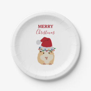 Cute Christmas Hamster Funny Animal Santa Hat Paper Plate