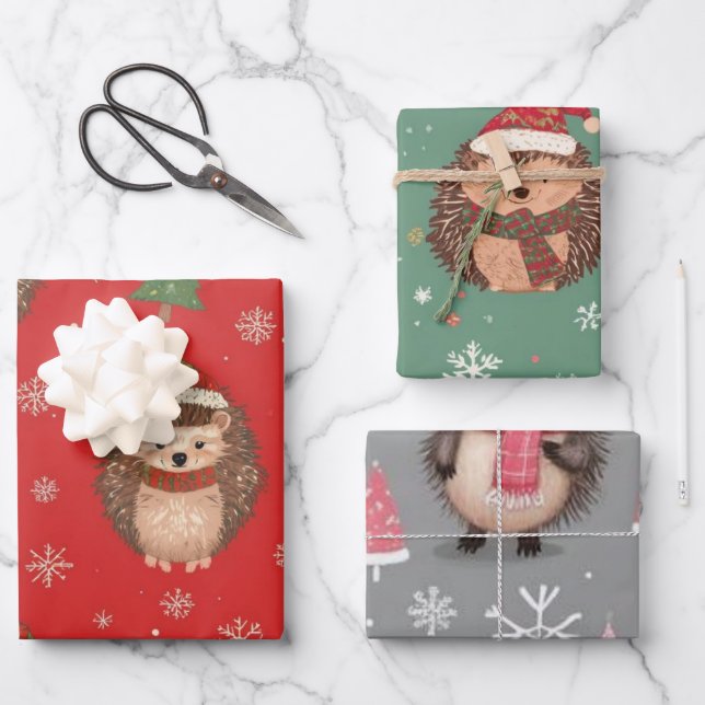 Cute Christmas Hedgehog Pattern Wrapping Paper Sheet (Front)