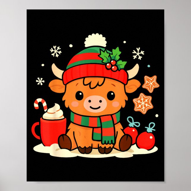 Cute Christmas Highland Cow Heifer Xmas Farm Anima Poster (Front)