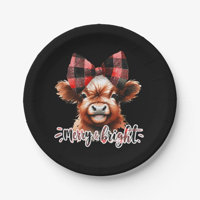 Cute Christmas Highland Cow Merry & Bright Paper Plate (Front)