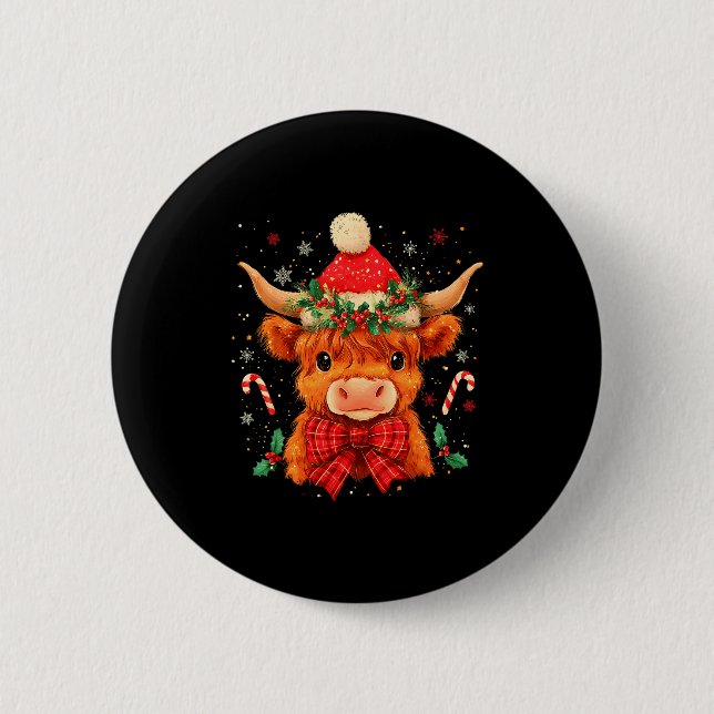 Cute Christmas Highland Cow Mooey Xmas Heifer Sant 2 Inch Round Button (Front)