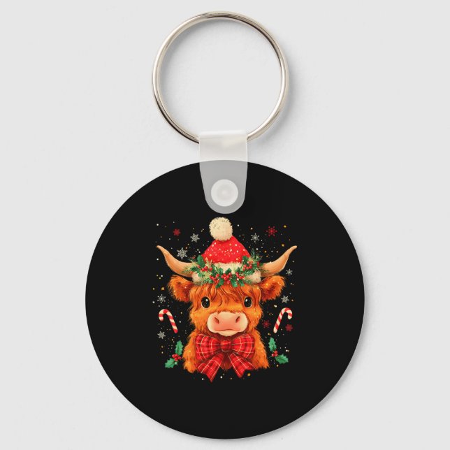 Cute Christmas Highland Cow Mooey Xmas Heifer Sant Keychain (Front)