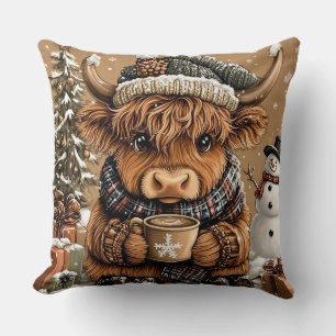Cute Christmas Highland Cow Throw Pillow