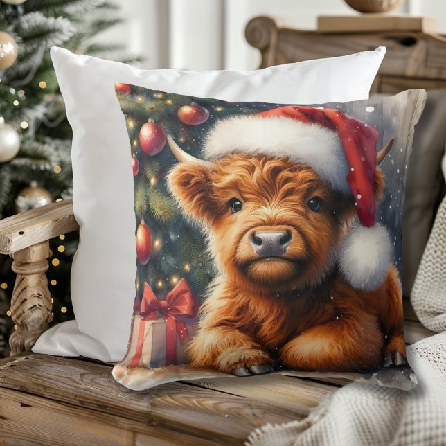 Cute Christmas Highland Cow Throw Pillow (Creator Uploaded)