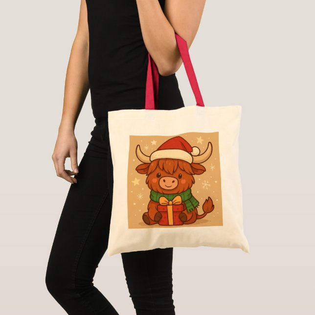 Cute Christmas Highland Cow. Tote Bag (Front (Product))