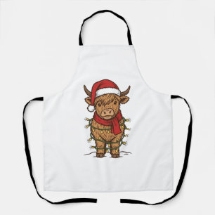 Cute Christmas Highland Cow Vintage Engraving Shir Apron