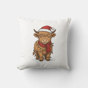 Cute Christmas Highland Cow Vintage Engraving Shir Throw Pillow