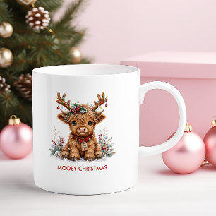 Cute Christmas Highland Cow with Festive Antlers Coffee Mug