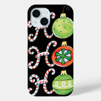 Cute Christmas Ho Ho Ho, Candy Canes Ornaments iPhone 15 Case