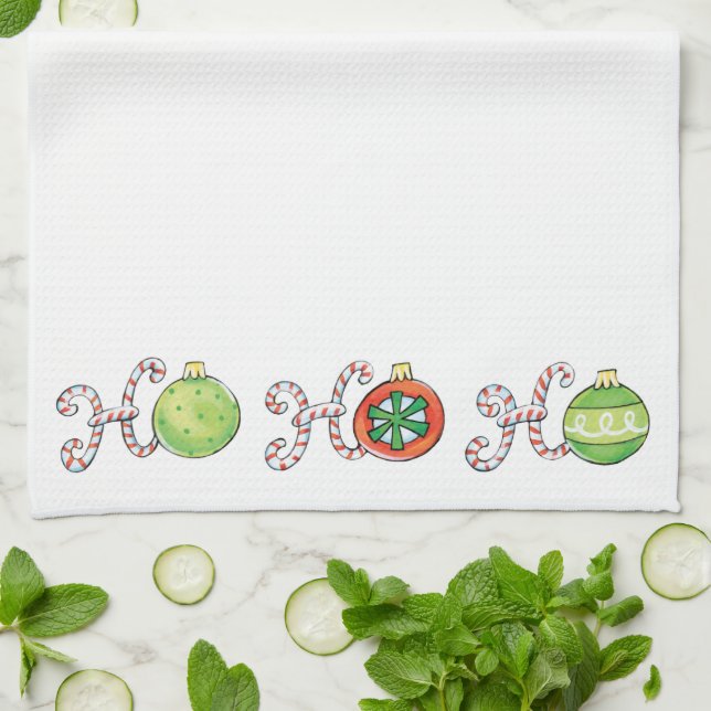 Cute Christmas Ho Ho Ho, Candy Canes Ornaments Kitchen Towel (Folded)