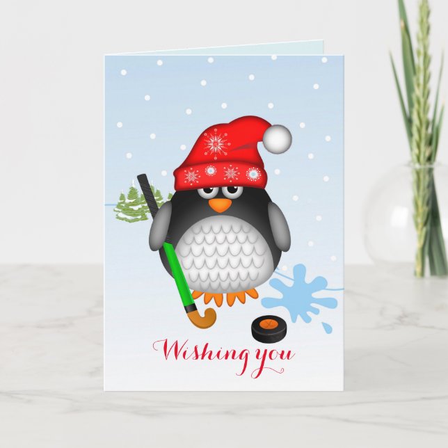 Cute Christmas Hockey Penguin & custom text card (Front)