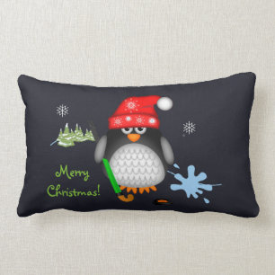 Cute Christmas Hockey Penguin & custom text Lumbar Pillow