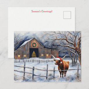 Cute Christmas Holiday Cow and Barn Country Postcard