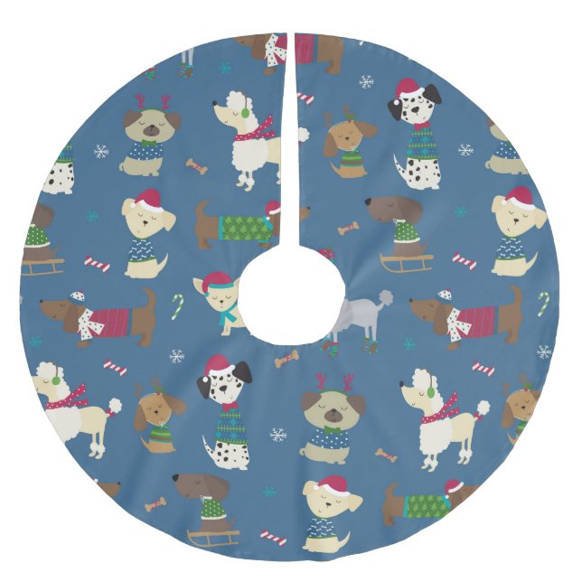 Cute Christmas Holiday Dog Pattern on Blue Brushed Polyester Tree Skirt (Front)