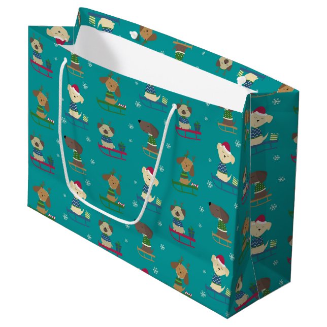 Cute Christmas Holiday Dogs on Sleds Pattern Large Gift Bag (Front Angled)