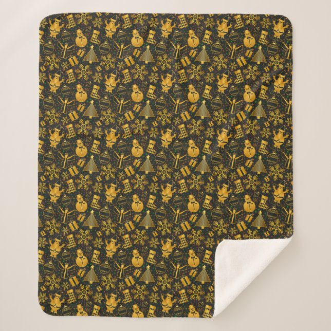 Cute Christmas Holiday Gold Black Pattern Sherpa Blanket (Front)