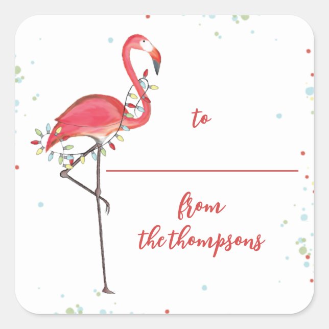 Cute Christmas Holiday Lights Pink Flamingo Beach Square Sticker (Front)